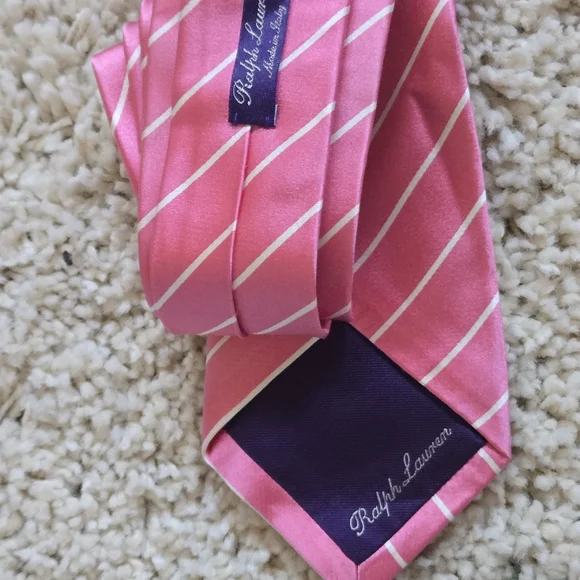 Ralph Lauren Purple Label Men's Pink & White Striped Silk Tie Made in Italy